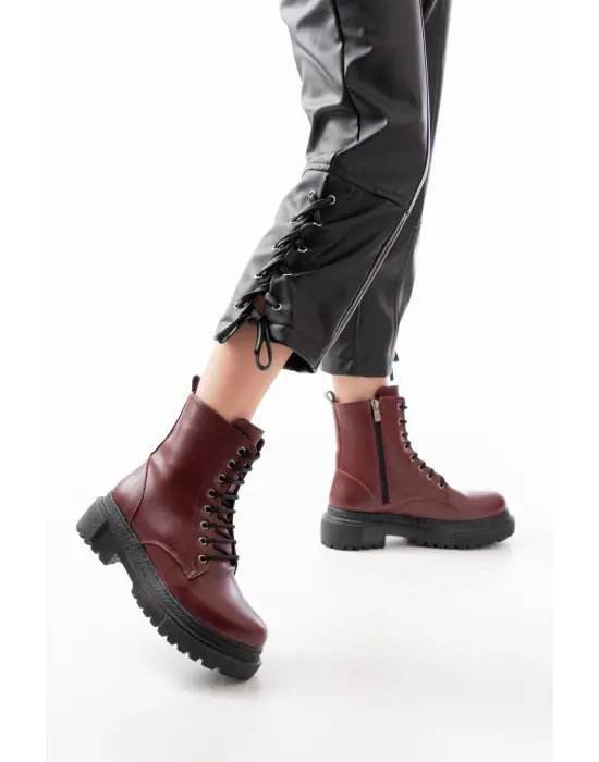 Bordo Bağcıklı Fermuarlı Günlük Kadın Bot