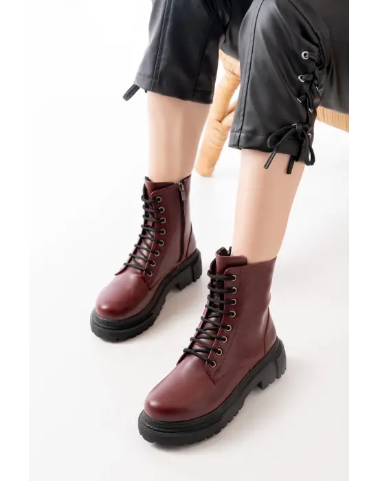 Bordo Bağcıklı Fermuarlı Günlük Kadın Bot