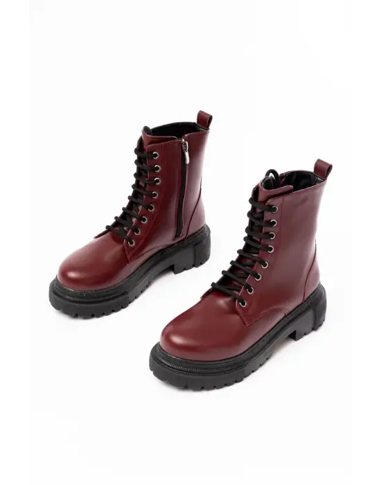 Bordo Bağcıklı Fermuarlı Günlük Kadın Bot