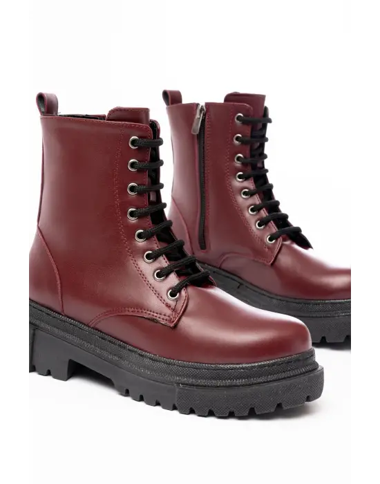 Bordo Bağcıklı Fermuarlı Günlük Kadın Bot