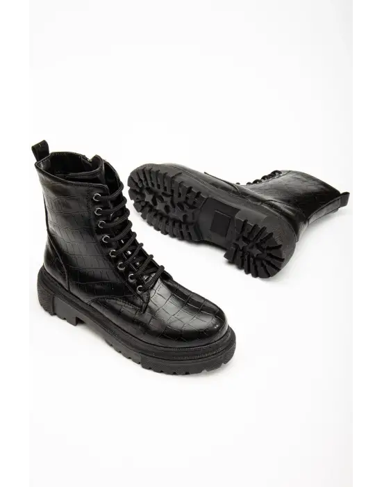 Siyah Kroko Bağcıklı Fermuarlı Günlük Kadın Bot