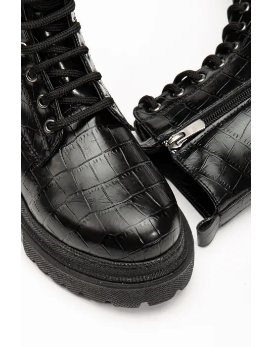 Siyah Kroko Bağcıklı Fermuarlı Günlük Kadın Bot