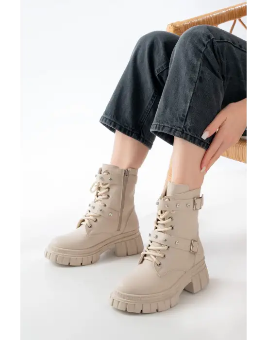 Bej Bağcıklı Kalın Tabanlı Bağcıklı Fermuarlı Günlük Kadın Bot
