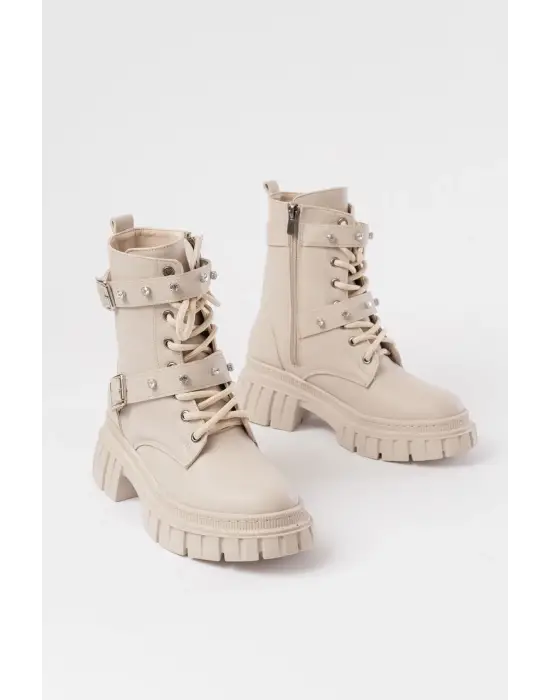 Bej Bağcıklı Kalın Tabanlı Bağcıklı Fermuarlı Günlük Kadın Bot