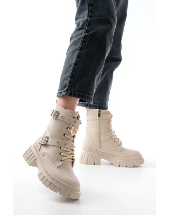 Bej Bağcıklı Kalın Tabanlı Bağcıklı Fermuarlı Günlük Kadın Bot