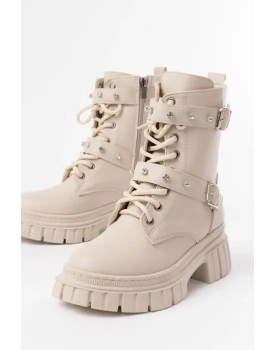 Bej Bağcıklı Kalın Tabanlı Bağcıklı Fermuarlı Günlük Kadın Bot