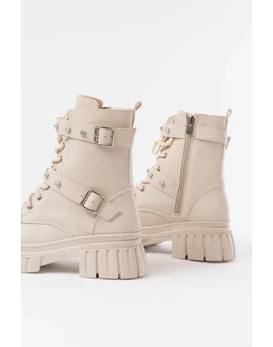 Bej Bağcıklı Kalın Tabanlı Bağcıklı Fermuarlı Günlük Kadın Bot