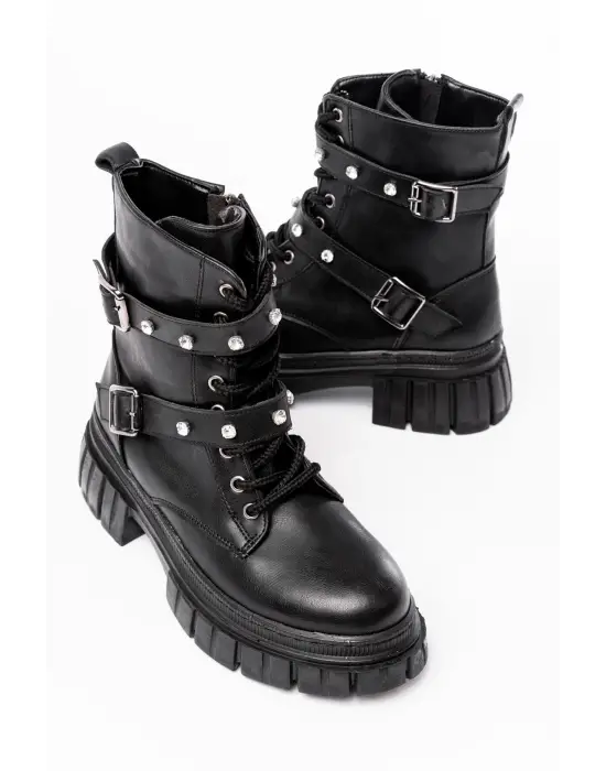 Siyah Bağcıklı Kalın Tabanlı Bağcıklı Fermuarlı Günlük Kadın Bot