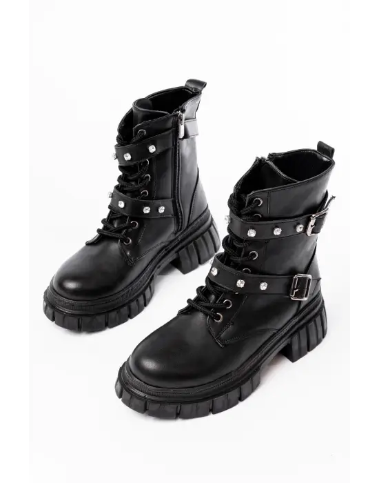 Siyah Bağcıklı Kalın Tabanlı Bağcıklı Fermuarlı Günlük Kadın Bot