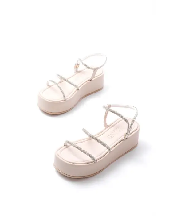 861-1008 Bej Gümüş Taşlı Dolgu Topuklu Kadın Sandalet