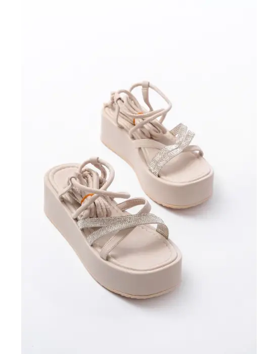 861-1010 Bej Gümüş Taşlı Bilekten Bağlamalı Kadın Sandalet