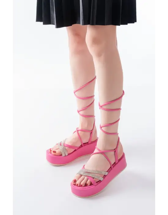 861-1010 Fuşya Gümüş Taşlı Bilekten Bağlamalı Kadın Sandalet