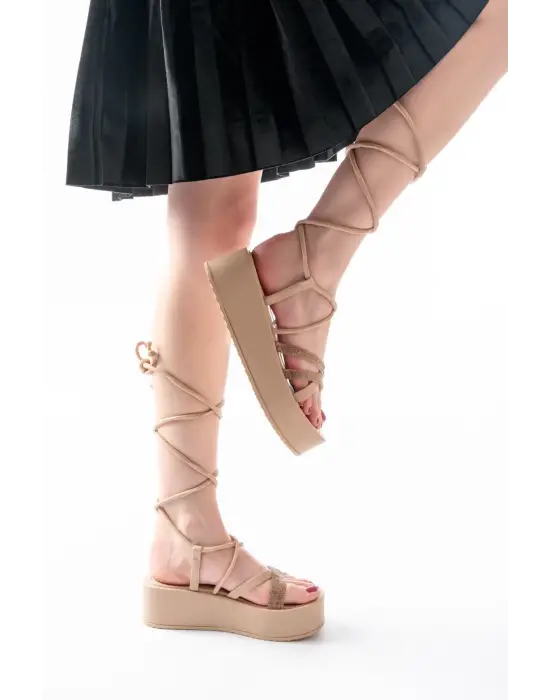 861-1010 Nut Rose Taşlı Bilekten Bağlamalı Kadın Sandalet