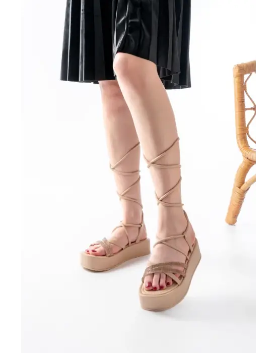 861-1010 Nut Rose Taşlı Bilekten Bağlamalı Kadın Sandalet