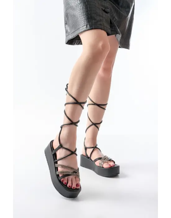 861-1010 Siyah Platin Taşlı Bilekten Bağlamalı Kadın Sandalet