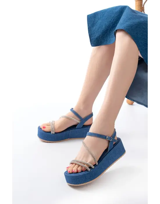 861-1017 Mavi Kot Taşlı Dolgu Topuklu Kadın Sandalet