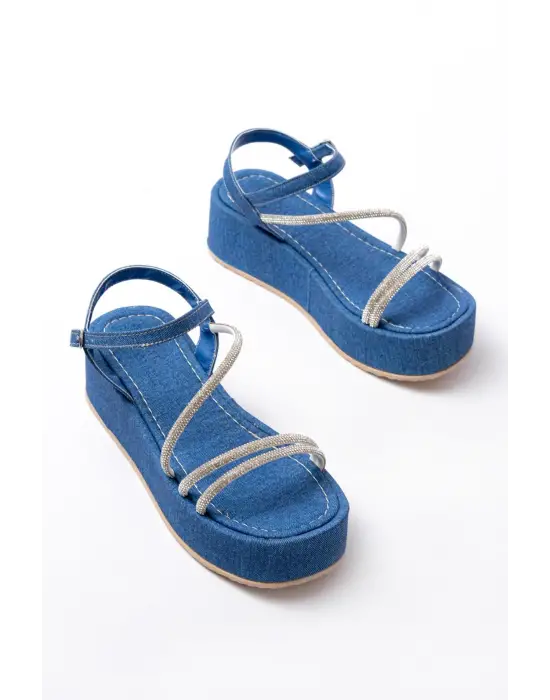 861-1017 Mavi Kot Taşlı Dolgu Topuklu Kadın Sandalet