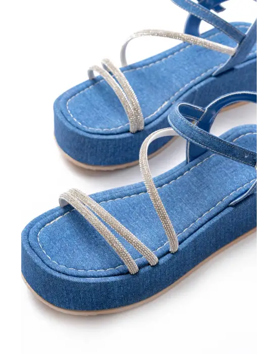 861-1017 Mavi Kot Taşlı Dolgu Topuklu Kadın Sandalet