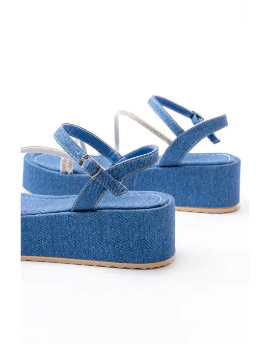 861-1017 Mavi Kot Taşlı Dolgu Topuklu Kadın Sandalet