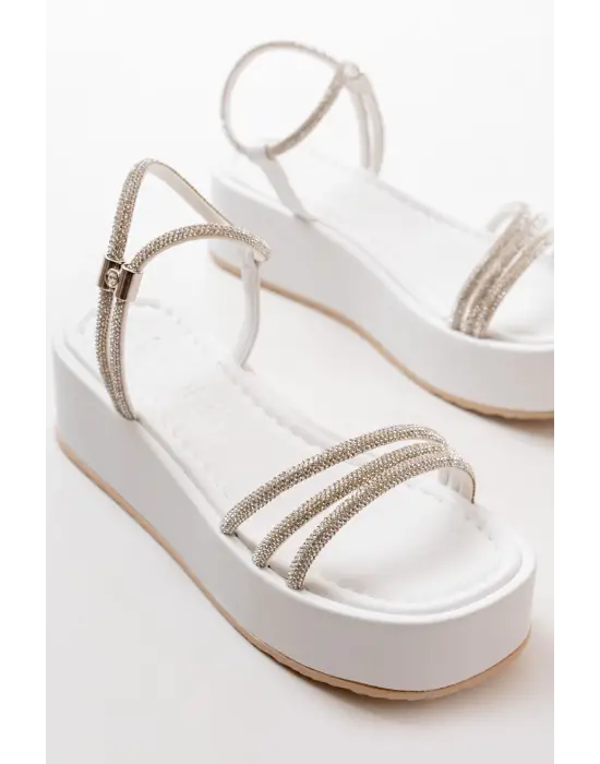 Beyaz Taşlı Dolgu Kadın Sandalet
