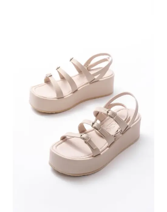 861-1222 Bej Tokalı Bilekten Bağlamalı Dolgu Kadın Sandalet