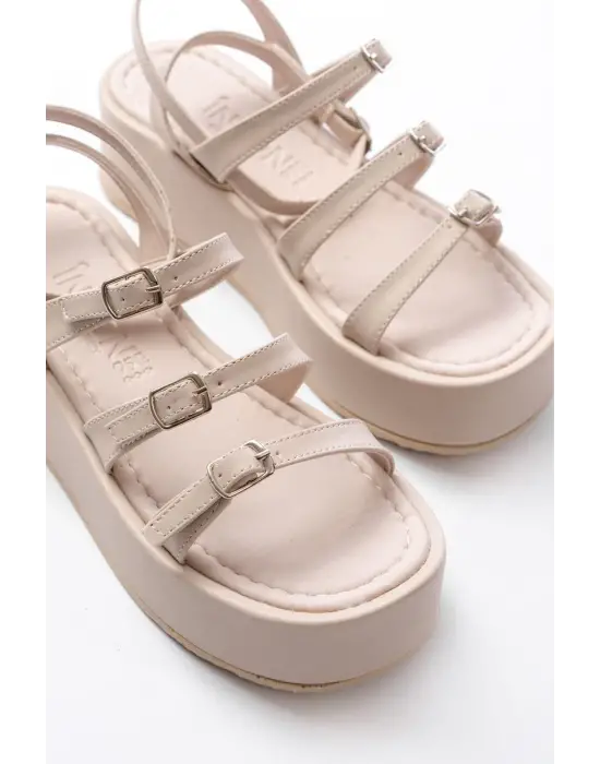 861-1222 Bej Tokalı Bilekten Bağlamalı Dolgu Kadın Sandalet