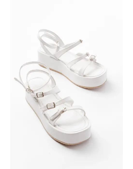 861-1222 Beyaz Tokalı Bilekten Bağlamalı Dolgu Kadın Sandalet