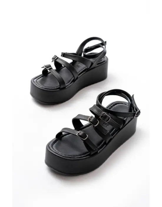 861-1222 Siyah Tokalı Bilekten Bağlamalı Dolgu Kadın Sandalet