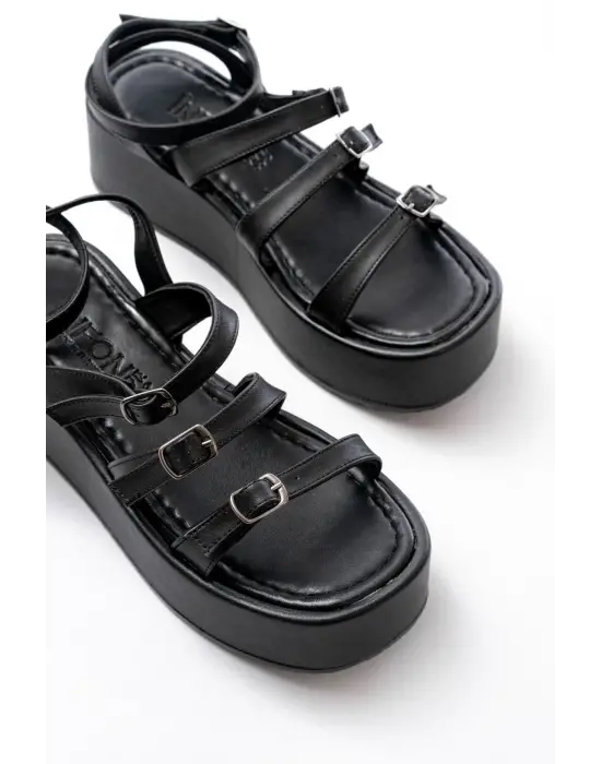 861-1222 Siyah Tokalı Bilekten Bağlamalı Dolgu Kadın Sandalet