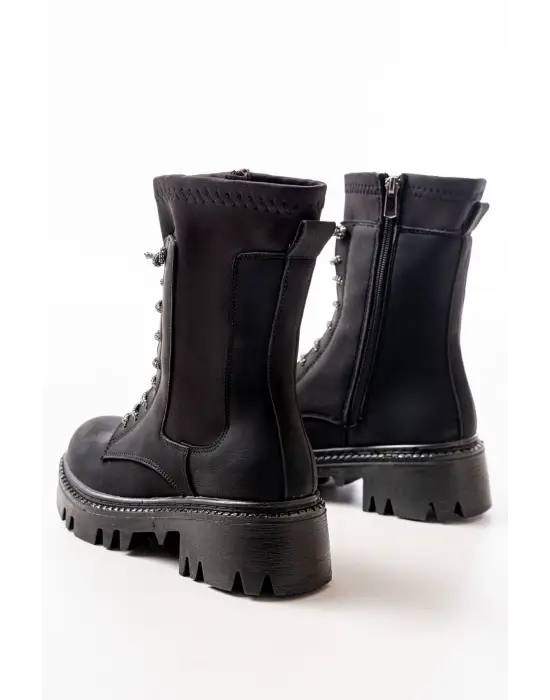 Siyah Zümrüt Düz Topuklu Bağcıklı Fermuarlı Günlük Kadın Bot