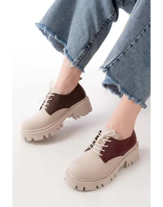 Bej Garni Bağcıklı Günlük Yüksek Tabanlı Loafer Ayakkabı