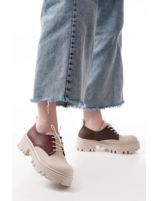 Bej Garni Bağcıklı Günlük Yüksek Tabanlı Loafer Ayakkabı