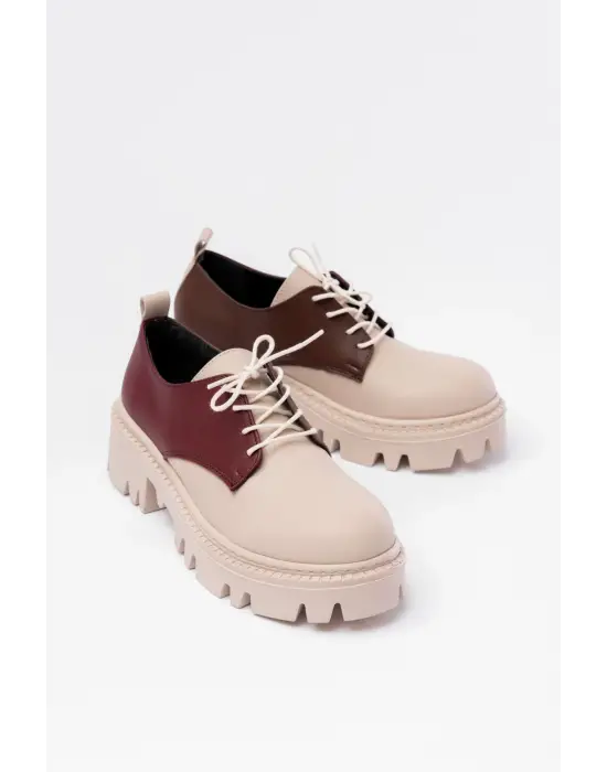 Bej Garni Bağcıklı Günlük Yüksek Tabanlı Loafer Ayakkabı