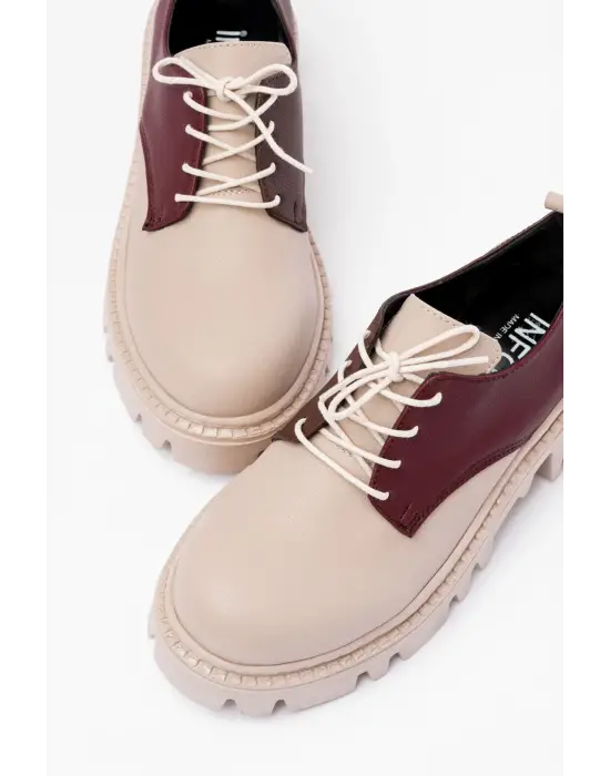 Bej Garni Bağcıklı Günlük Yüksek Tabanlı Loafer Ayakkabı