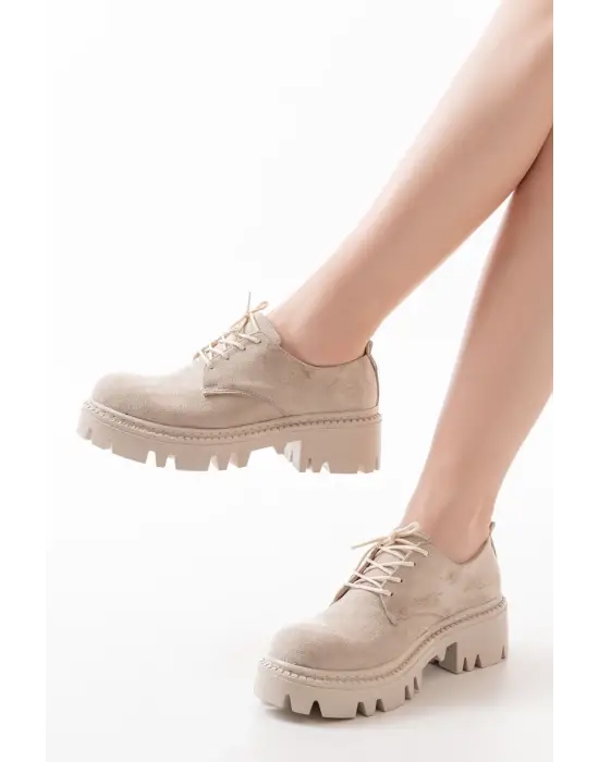 Bej Süet Bağcıklı Günlük Yüksek Tabanlı Loafer Ayakkabı