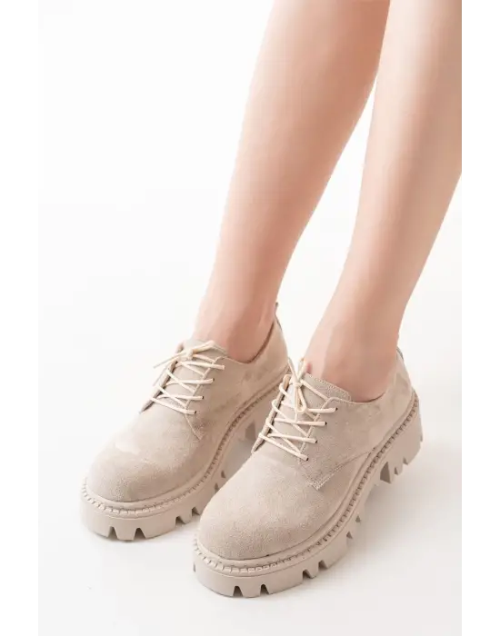 Bej Süet Bağcıklı Günlük Yüksek Tabanlı Loafer Ayakkabı