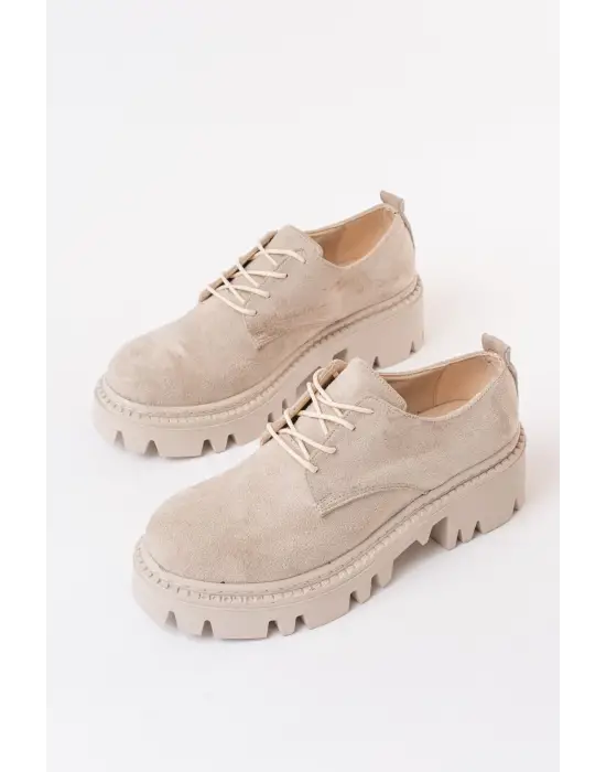 Bej Süet Bağcıklı Günlük Yüksek Tabanlı Loafer Ayakkabı