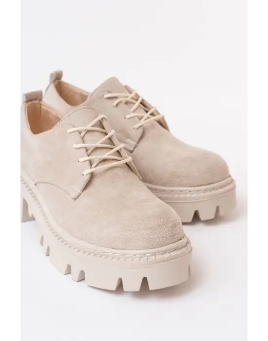 Bej Süet Bağcıklı Günlük Yüksek Tabanlı Loafer Ayakkabı