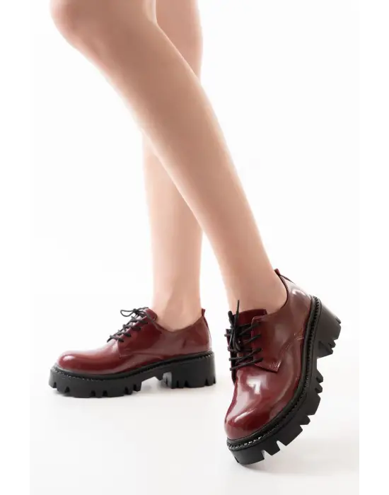 Bordo Rugan Bağcıklı Günlük Yüksek Tabanlı Loafer Ayakkabı