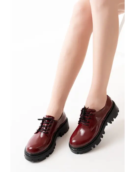 Bordo Rugan Bağcıklı Günlük Yüksek Tabanlı Loafer Ayakkabı