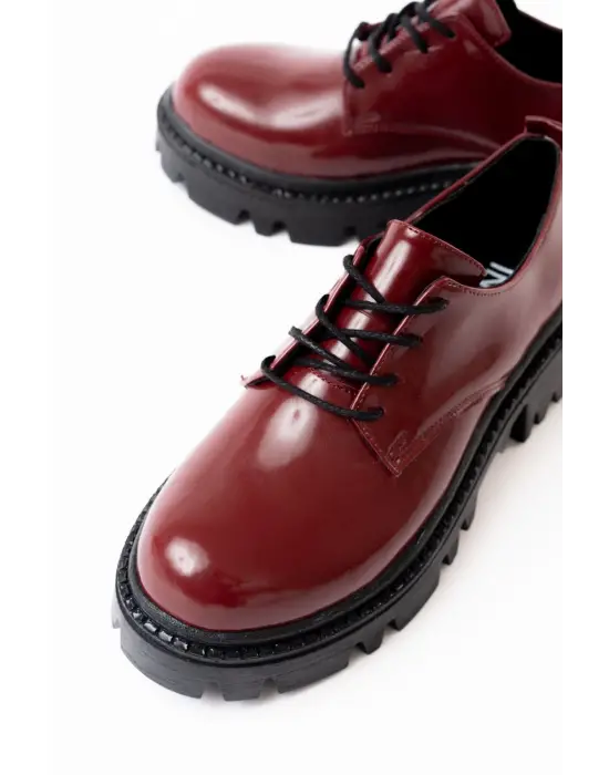 Bordo Rugan Bağcıklı Günlük Yüksek Tabanlı Loafer Ayakkabı