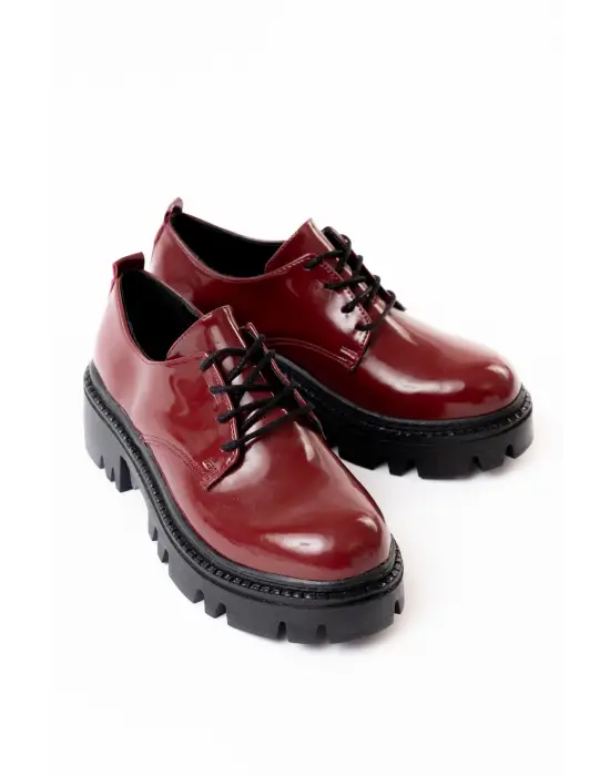 Bordo Rugan Bağcıklı Günlük Yüksek Tabanlı Loafer Ayakkabı