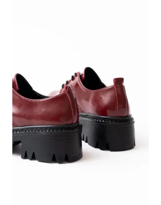 Bordo Rugan Bağcıklı Günlük Yüksek Tabanlı Loafer Ayakkabı