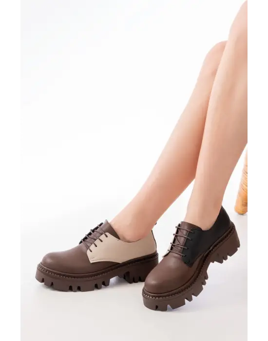 Kahverengi Garni Bağcıklı Günlük Yüksek Tabanlı Loafer Ayakkabı