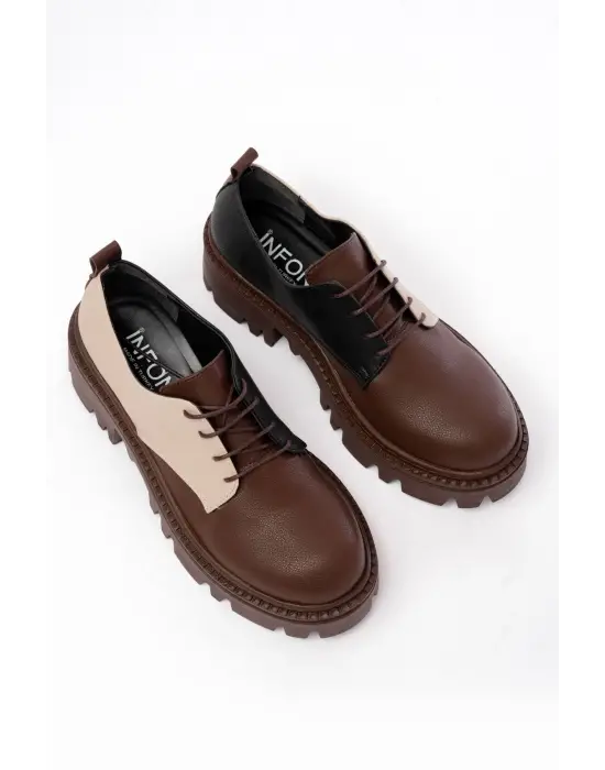 Kahverengi Garni Bağcıklı Günlük Yüksek Tabanlı Loafer Ayakkabı