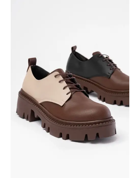 Kahverengi Garni Bağcıklı Günlük Yüksek Tabanlı Loafer Ayakkabı