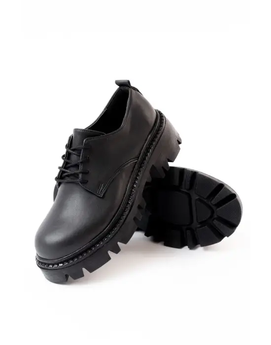 Siyah Bağcıklı Günlük Yüksek Tabanlı Loafer Ayakkabı