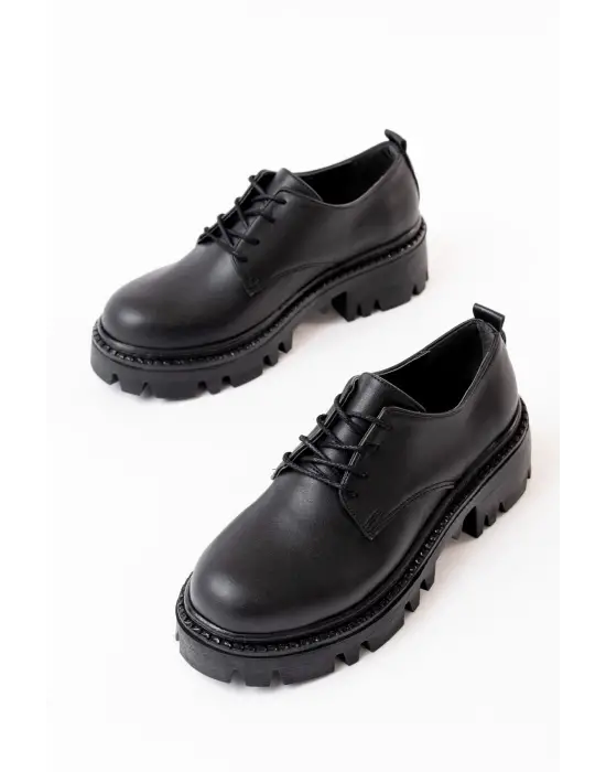 Siyah Bağcıklı Günlük Yüksek Tabanlı Loafer Ayakkabı