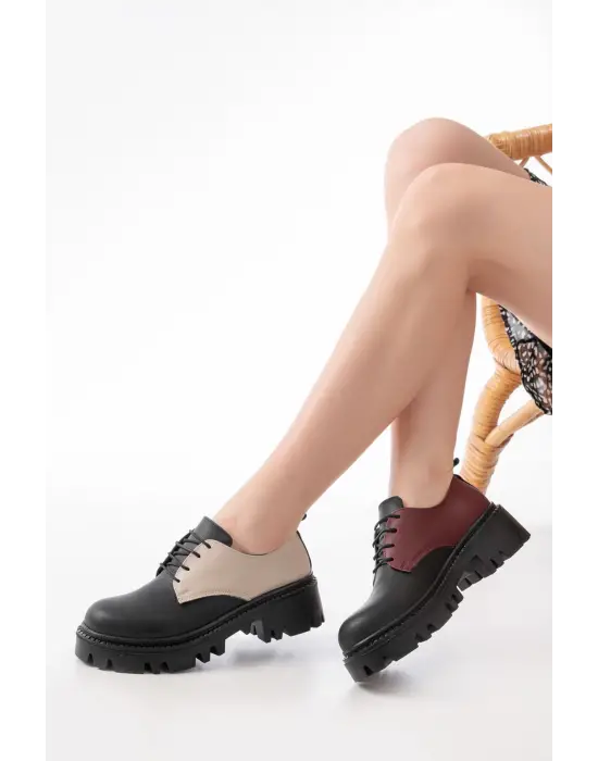 Siyah Garni Bağcıklı Günlük Yüksek Tabanlı Loafer Ayakkabı