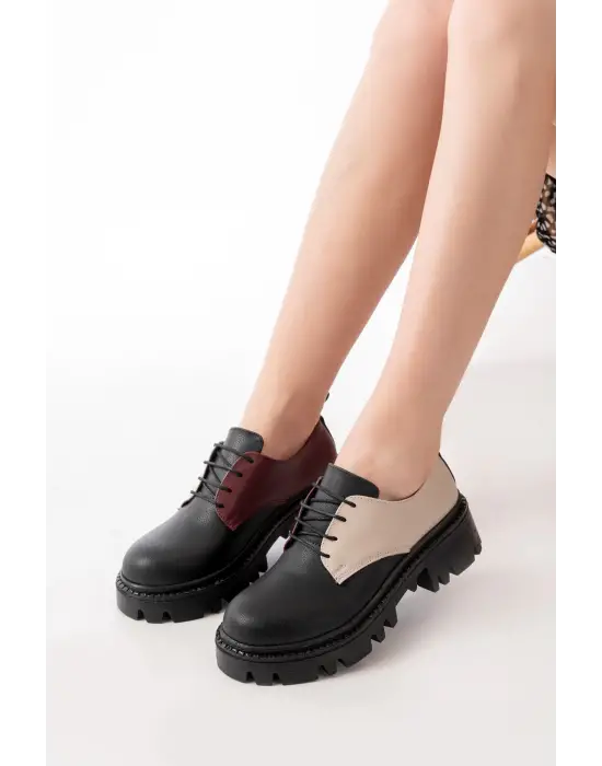 Siyah Garni Bağcıklı Günlük Yüksek Tabanlı Loafer Ayakkabı